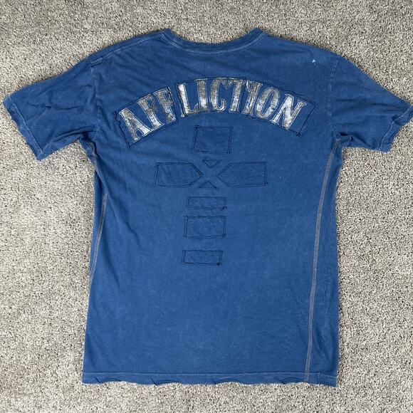 Affliction Shirt Mens L Blue Slim Fit Rope Stitch Skull Double Sided Tee Y2K - Picture 2 of 7
